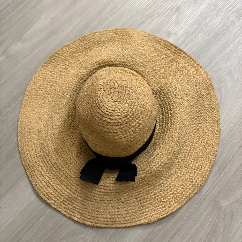 Woven Straw Hat Women Wide Brim Tan with Black Ribbon Bow Accent Summer Beach
